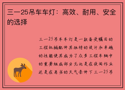 三一25吊车车灯：高效、耐用、安全的选择
