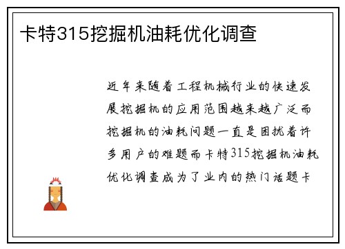 卡特315挖掘机油耗优化调查