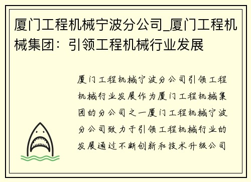 厦门工程机械宁波分公司_厦门工程机械集团：引领工程机械行业发展
